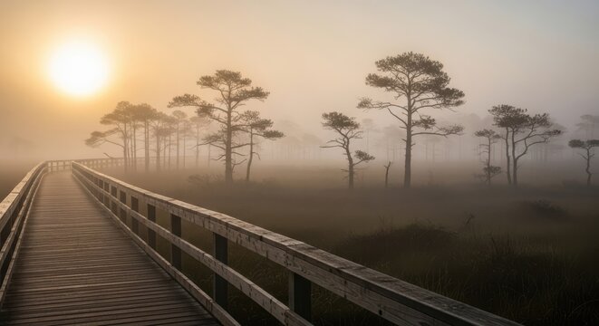 Misty sunrise over a wooden boardwalk through pine trees in a serene landscape