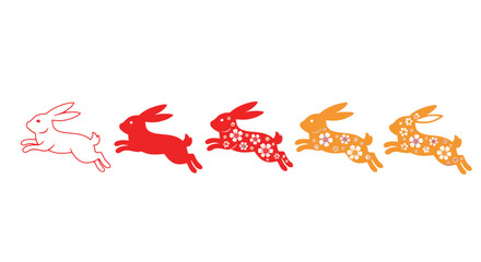 Five stylized rabbits in a row, each a different color and decorated with floral patterns, leaping against a white background.