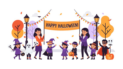 Fototapeta premium Happy Halloween Banner: A colorful and festive illustration captures the spirit of Halloween with adorable kids in costumes under a Happy Halloween banner.