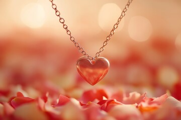 Heart pendant is placed on a bed of red petals. The heart is surrounded by a chain, and the petals are scattered around it. Concept of love and romance