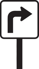 Black and white silhouette of a road sign indicating a right turn ahead