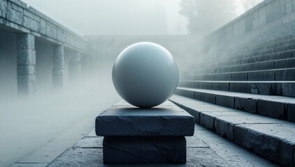 Mysterious Foggy Landscape with a Spherical Object Resting on Weathered Stones