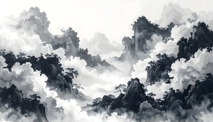 Misty mountain range, ink wash style.  Vast landscape of dark, swirling clouds and mountains.  Gradual transitions from black to white.  Suggests depth and tranquility