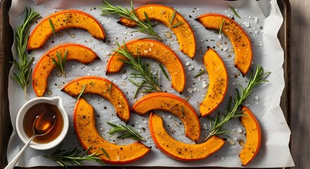 Roasted butternut squash slices seasoned with herbs and spices on a baking sheet, ready to serve with honey.