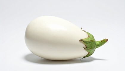 Single white eggplant with smooth glossy skin and green calyx on plain white background for editorial food photography rare produce and culinary ingredient-themed visuals