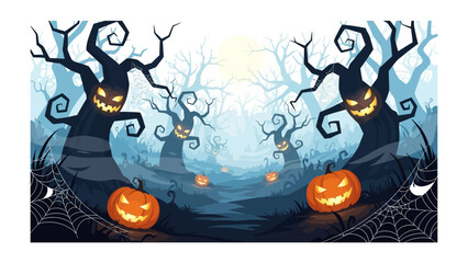 Spooky Halloween Forest: A captivating illustration depicts a chilling Halloween scene, featuring glowing jack-o'-lanterns, eerie silhouettes of trees, and a foreboding atmosphere.