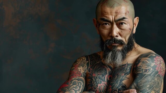 A person with colorful tattoos on his arms and chest