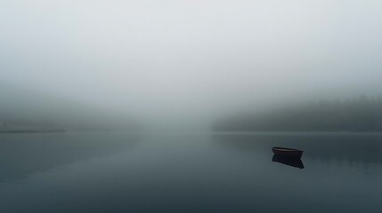 Fog rolling over quiet lake with single boat, moody tranquil atmosphere, cinematic natural scene