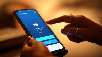 Close-up of hands interacting with a smartphone displaying a "Screen Time Limit" notification - Powered by Adobe