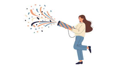 A woman celebrates with a party popper, launching colorful confetti into the air.