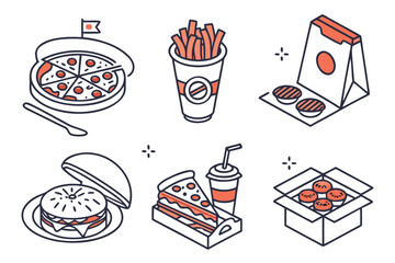 A vector illustration set of vintage fast food icons, including coffee, burgers, and pizza, perfect for a restaurant menu or a seamless pattern