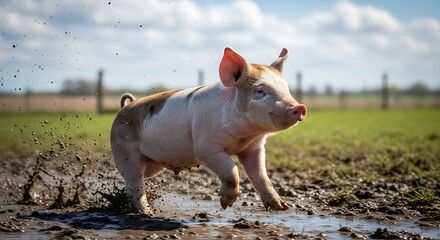 Fototapeta premium Piglet in a Muddy Field on a Sunny Day.