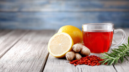 A health remedy featuring tea, lemon, ginger, berries, herbs for treating colds, strengthening body with daily vitamins. Ideal wellness content.