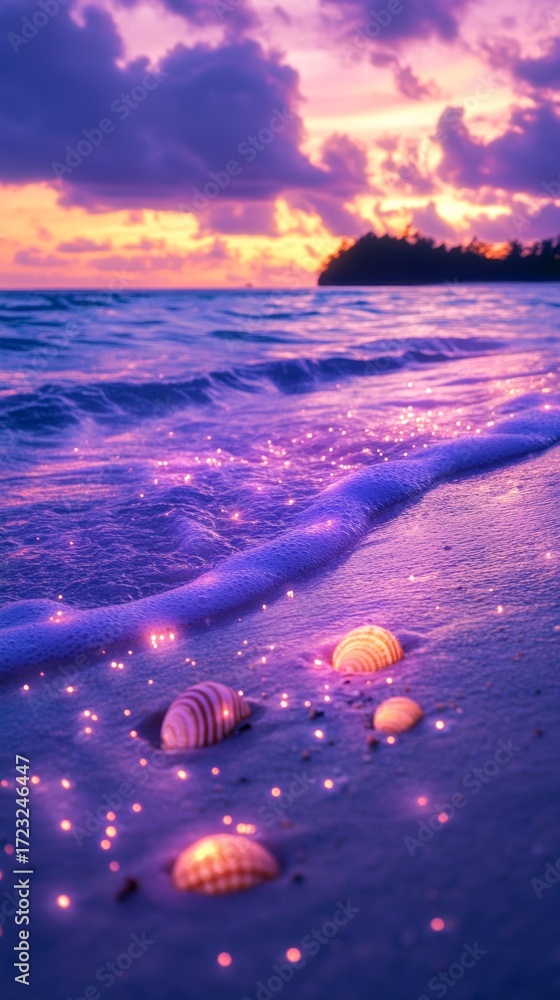 Poster a beach scene with a purple sky and a few shells on the sand. the shells are glowing in the light, c