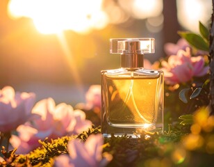 Perfume bottle bathed in golden sunlight amongst blossoms