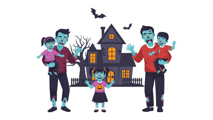Spooky Halloween Zombie Family: A whimsical illustration depicts a zombie family celebrating Halloween in front of a haunted house, with bats, evoking the holiday's playful spirit