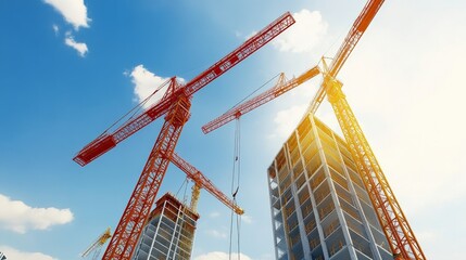 Construction Cranes Over High-Rise, Sky View. architecture, building