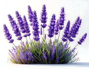 Purple lavender blooms cluster, vibrant against white