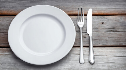 Clean empty white plate with cutlery on wooden surface. Symbolizes fasting for health, physical fitness, longevity. Ideal wellness, fasting content.