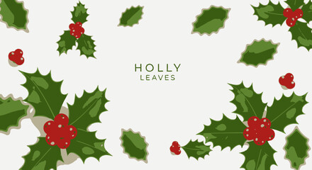 An illustration featuring scattered holly leaves and berries on a light background, creating a festive, decorative pattern.