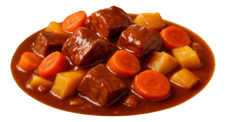 A small cast-iron skillet containing a serving of goulash, with visible sear marks on the beef cubes