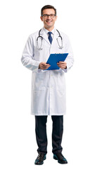 Smiling Doctor in White Lab Coat Holding Blue Clipboard, Transparent Background, Medical Professional Cutout