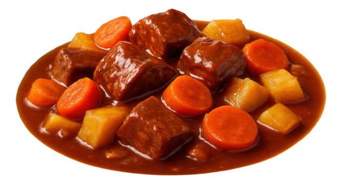 A small cast-iron skillet containing a serving of goulash, with visible sear marks on the beef cubes