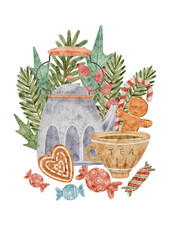 A digital watercolor illustration of a festive tea time collage, featuring a teapot, sweets, and gifts, ideal for holiday and food-related designs.