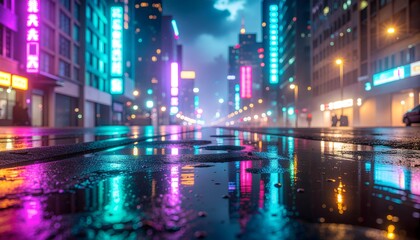 Cityscape at night with neon signs, reflections on wet pavement, cyberpunk vibes.