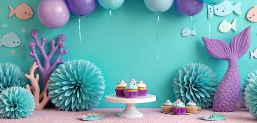 Whimsical mermaid themed birthday party decor with underwater elements. Includes colorful cupcakes balloons mermaid tails coral accents enchanting aquatic inspired decorations. Festive children