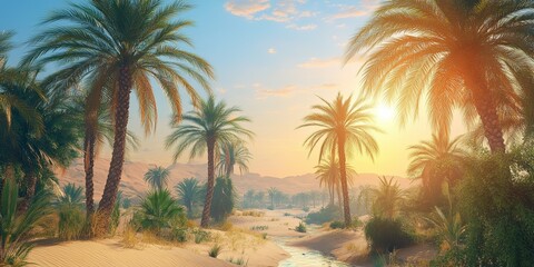 Fototapeta premium A peaceful desert oasis surrounded by tall palm trees with golden sunlight casting a warm glow. This scenic landscape invites exploration and relaxation.