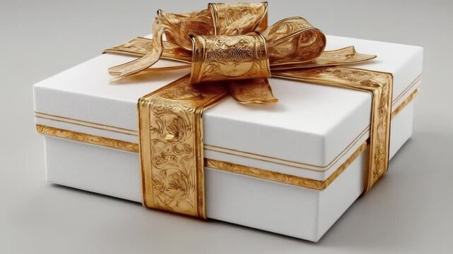 White gift box with gold ribbon