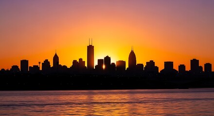 Silhouette of cityscape during dramatic sunset over rippling water surface