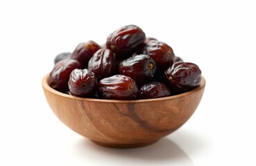 Obraz premium Fresh Ajwa dates in wooden bowl on white background. Healthy organic dried fruit, natural food. Nourishing exotic dessert with antioxidant properties. Focus on food and healthy eating.