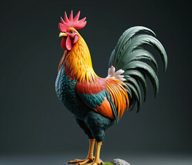 Fototapeta premium Highly detailed 3D render of rooster in photorealistic style on dark background. Intricate textures of feathers, vibrant colors make stunning. Full body render standing with proud. Digital art,