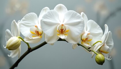 Obraz premium Elegant illustration of branch with white orchid flowers. Floral bloom with phalaenopsis blossoms and yellow, orange accents. Beauty of nature, decorative plant with semi-transparent petals.