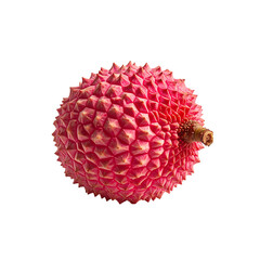 A single, ripe lychee fruit, pinkish-red with a rough, textured rind and a visible stem, isolated on a black background