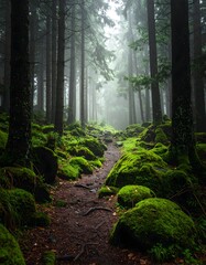 Misty forest path, moss-covered rocks