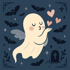 Cute ghost blowing kisses, surrounded by bats and gothic elements. Vector Halloween poster
