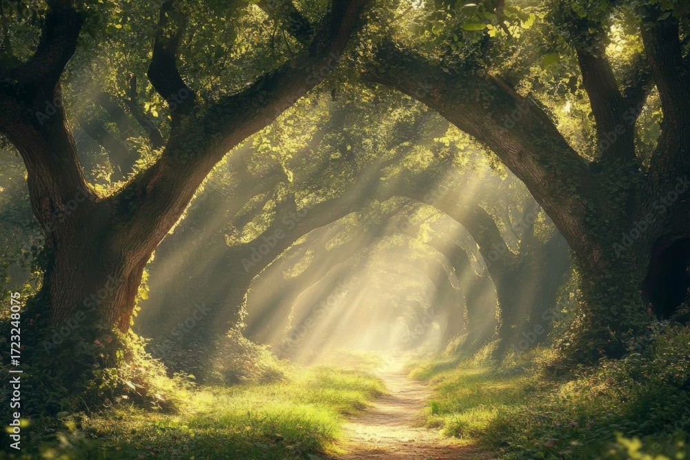Poster a forest with a path that leads to a clearing. the trees are tall and leafy, and the sunlight is shi