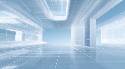 Futuristic digital architecture with light trails and grid lines