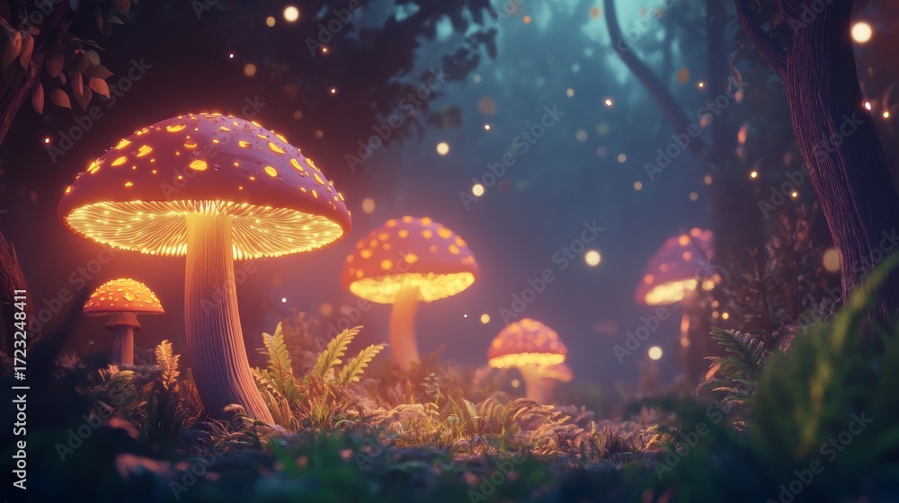 Poster This enchanting forest scene features glowing mushrooms illuminated at twilight, creating a magical atmosphere filled with soft lights and vibrant colors.