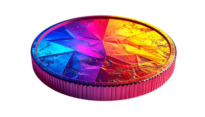 A vibrant, circular, multifaceted gem-like object with a textured, metallic surface, segmented into four color sections blue, purple, pink, and gold, resting on a ridged, pink base