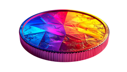 A vibrant, circular, multifaceted gem-like object with a textured, metallic surface, segmented into four color sections blue, purple, pink, and gold, resting on a ridged, pink base