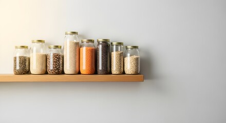 Various grains and pulses in glass jars on a wooden shelf against a white wall, representing pantry organization and healthy eating.