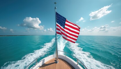 American flag waves on yacht in ocean. US flag flutters above blue sea water, sky. Holiday cruise on motorboat. Stars and stripes banner, patriotic symbol of freedom, USA.