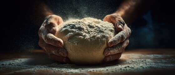 The bread dough being shaped by skilled hands on a floured board