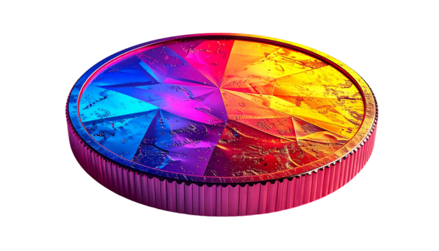 A vibrant, circular, multifaceted gem-like object with a textured, metallic surface, segmented into four color sections blue, purple, pink, and gold, resting on a ridged, pink base - Powered by Adobe