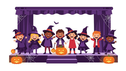 Spooky Stage: Halloween is coming, and group of kids are getting ready for party at a stage. Halloween magic, excitement and happiness.