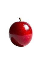 A single, glossy, dark-red fruit, possibly a plum or cherry, with a small stem, photographed against a black background